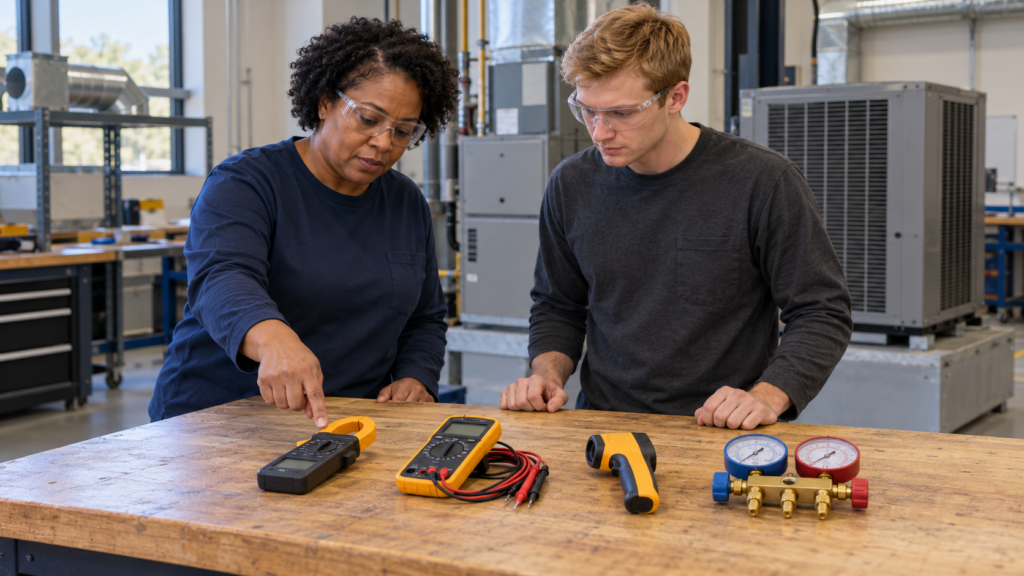 Instructor and learner wearing safety glasses review a clamp meter, multimeter, infrared thermometer, and manifold gauges at a training bench.