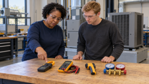 Instructor and learner wearing safety glasses review a clamp meter, multimeter, infrared thermometer, and manifold gauges at a training bench.