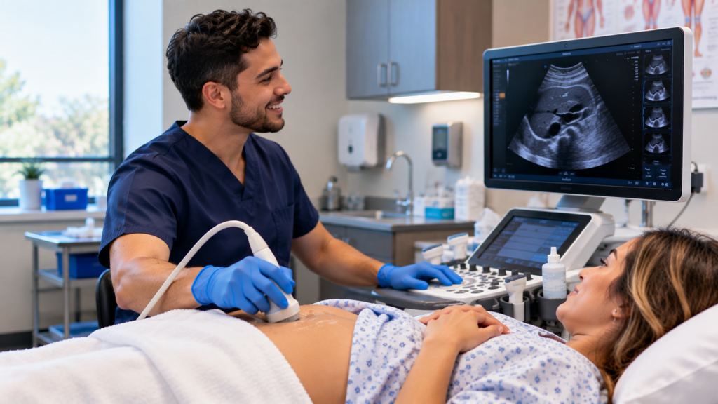 Diagnostic medical sonographer performing an abdominal ultrasound examination