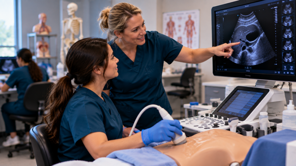Learner holds an ultrasound probe on a training model while an instructor points to the ultrasound image on a monitor.