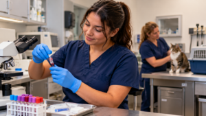 Veterinary professional in navy scrubs and blue gloves handling a blood sample in a veterinary laboratory, with a colleague caring for a cat in the background.