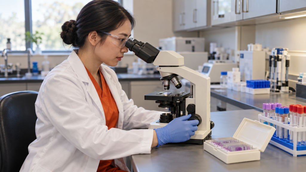 Person wearing orange scrubs, a white lab coat, gloves, and safety glasses uses a microscope beside capped specimen tubes.