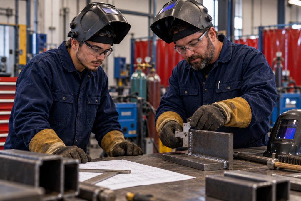 Welding instructor and student inspecting a completed weld with a measuring gauge during hands-on training