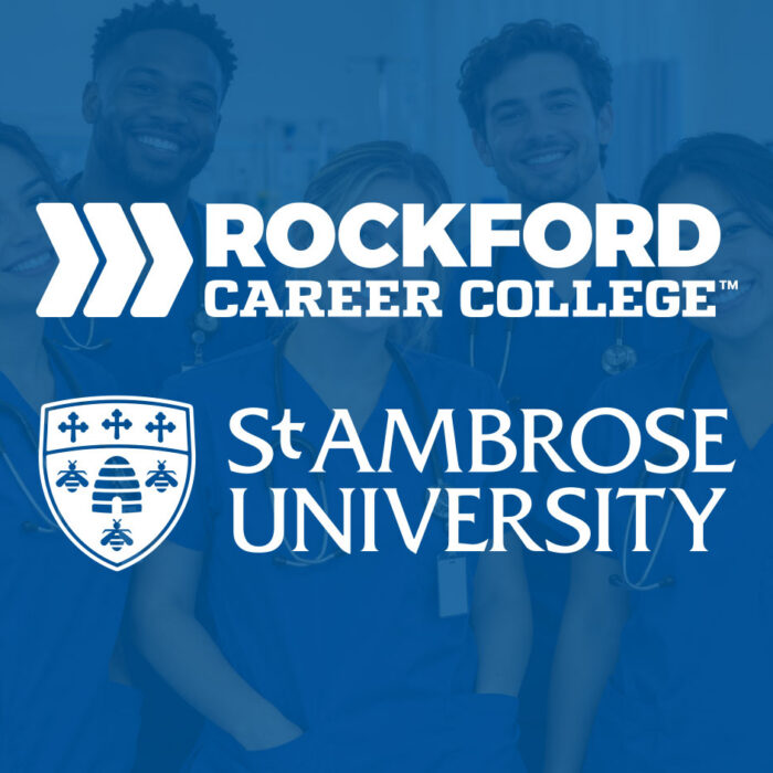 Rockford Career College and St. Ambrose University logos over a blue-tinted image of smiling nursing students in scrubs.
