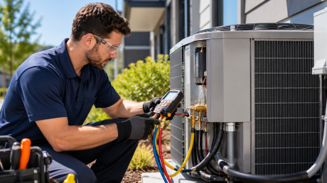 An HVAC/R technician wearing navy work clothes and safety glasses uses digital diagnostic equipment beside an outdoor residential air-conditioning unit.