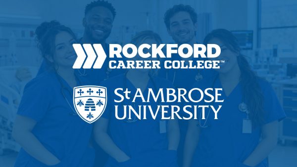 Rockford Career College and St. Ambrose University logos over a blue-tinted image of smiling nursing students in scrubs.