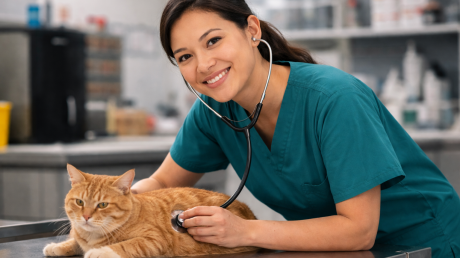 a veterinary technician caring for a cat