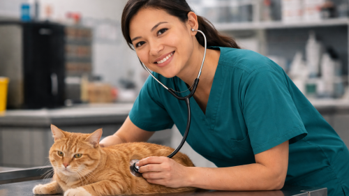 a veterinary technician caring for a cat